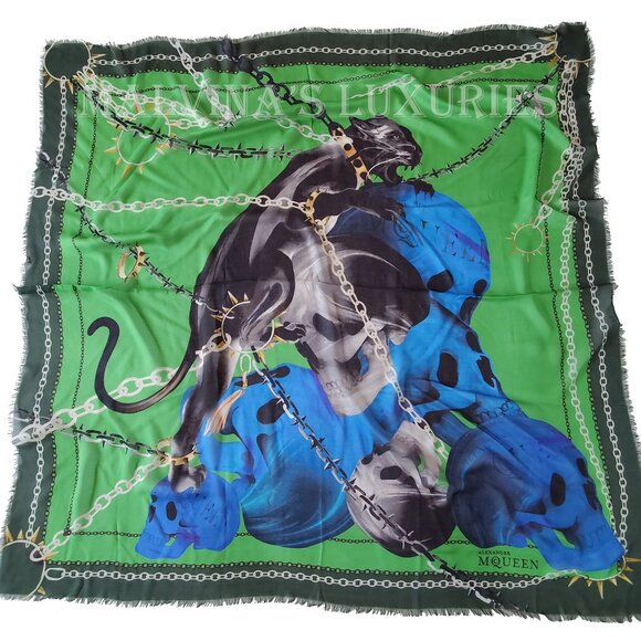 ALEXANDER MCQUEEN SCARF CHAINED PANTHER SKULLS SILK MODAL LOGO SQUARE 54" - Picture 10 of 16